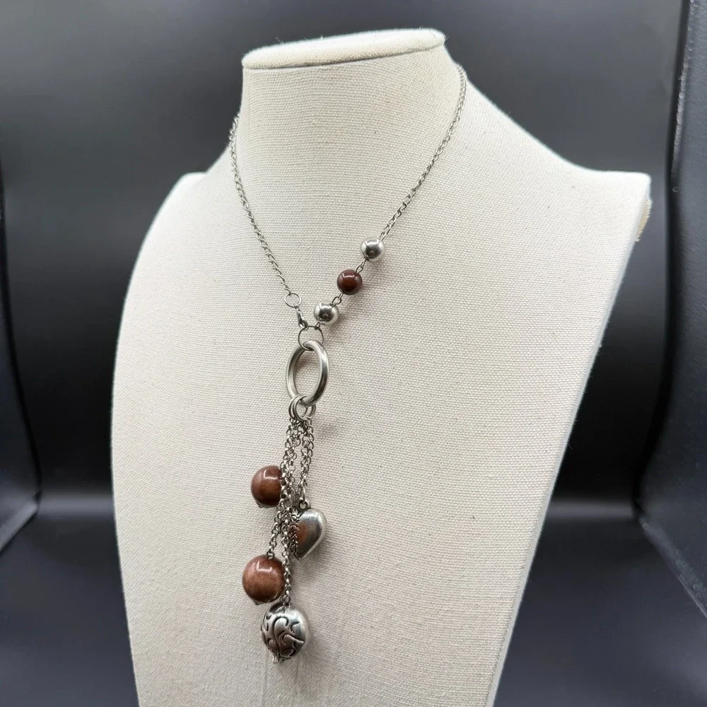 Silver Tone Brown Bead Tassel Necklace Heart Charm Circle Pendant Boho Jewelry